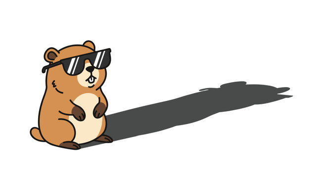 A cartoon groundhog wearing sunglasses is standing and casting a long shadow on a white background.