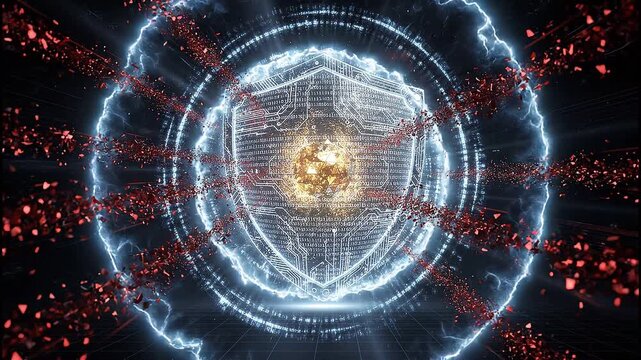Digital shield blocking cyberattacks, encrypted circuits glowing, red threats disintegrating, golden AI core pulsing. AI generated cinematic loop