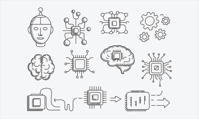 Obraz premium Virtual AI and Automation Icons Hand-Drawn Style for Intelligent Systems