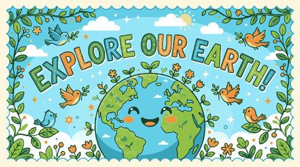 Fototapeta premium Smiling earth with leaves and birds explore our earth cartoon planet with green land and blue ocean surrounded by flowers and clouds