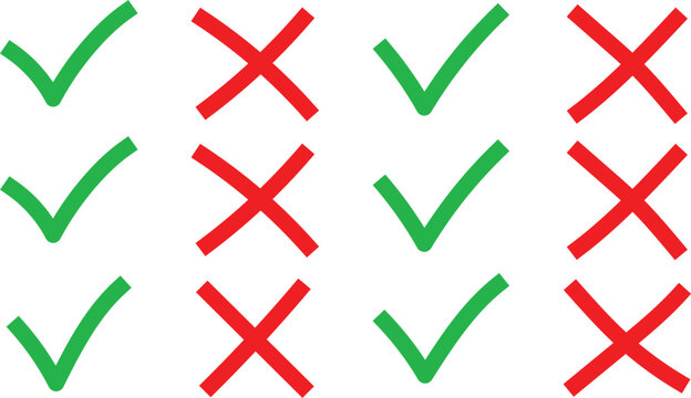 Green Check Marks and Red Cross Icons Pattern, Approval and Rejection Symbols, Yes and No Signs, Correct and Incorrect Decision Concept, Validation and Verification Illustration