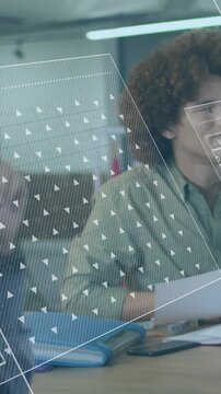 Vertical video: Man reading papers as HUD sliding in, highlighting business data for review