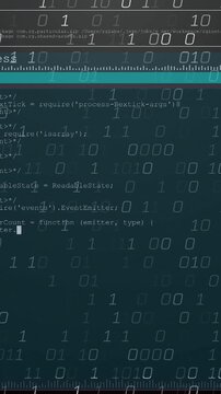 Vertical video: Terminal appearing, code filling pane while binary overlay rising for debugging