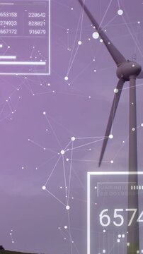Vertical video: Turbine entering frame, blades rotating, AR data boxes updating for wind monitoring