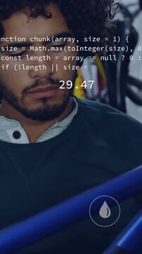 Vertical video: Overlays appearing, bike tech inspecting blue frame in bike shop, scanning codes