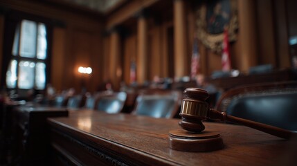 Obraz premium Wooden judge's gavel on a desk in a classic courtroom interior