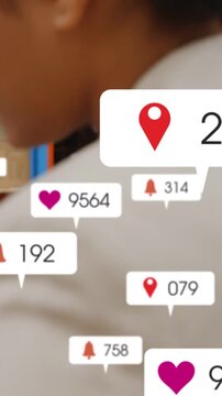 Vertical video: Heart bubbles multiplying woman turning by shelving overlays showing marketing rise