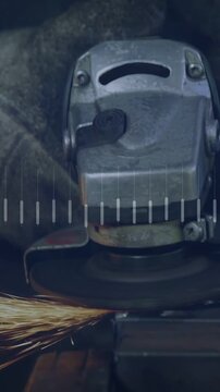 Vertical video: Worker engaging grinder grinding metal sparking while waveform bars showing metrics