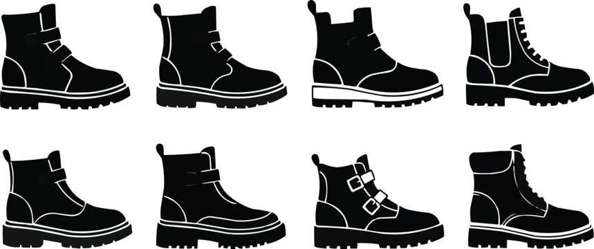 Collection of eight black and white vector silhouette icons of different styles of combat boots.