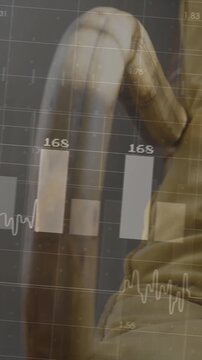 Camera panning, finance charts sliding over seated torso showing domestic data while cat turning