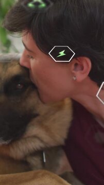 Vertical video: Owner leaning in, kissing, petting dog, bonding as hex icons floating for pet care
