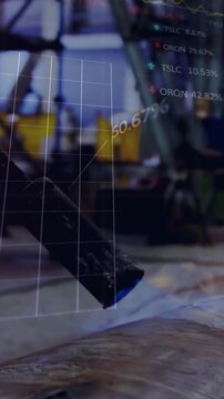 Vertical video: Torch tip making heating passes touching metal, blue flame driving 3D grid HUD QC