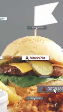 Numeric overlays appearing mouse cursor marking IDs camera pulling back showing burger for tagging
