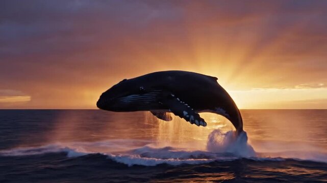 A majestic humpback whale breaches with dramatic splash during golden hour sunset against a vibrant orange and purple sky over open ocean.