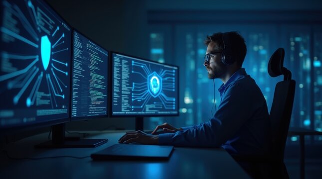 Cybersecurity analyst monitoring threat dashboard on dual monitors in dark blue SOC office