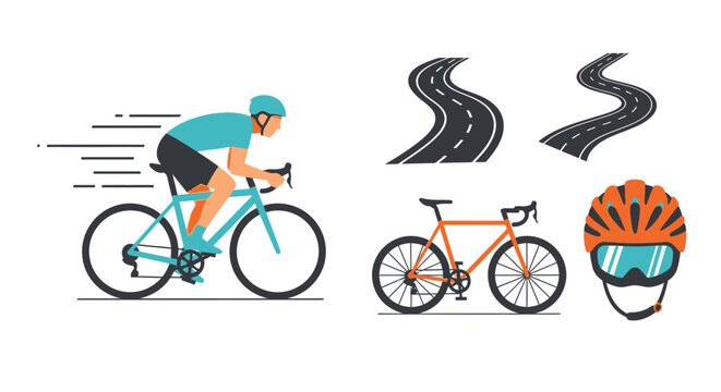 Cyclist on bicycle with accessories and road illustrations against a white backdrop