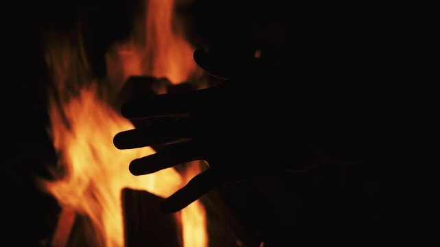 Lagerfeuer mit H&auml;nden beim W&auml;rmen, mehrere Sch&auml;rfenverlagerungen zwischen Flammen und H&auml;nden, stimmungsvolle Nachtaufnahme