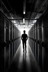 Silhouette eines Mannes im Rechenzentrum zwischen Servern mit futuristischer Stimmung