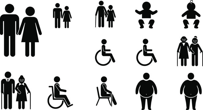 Pictograms represent diverse human demographics including families, elderly, and individuals.