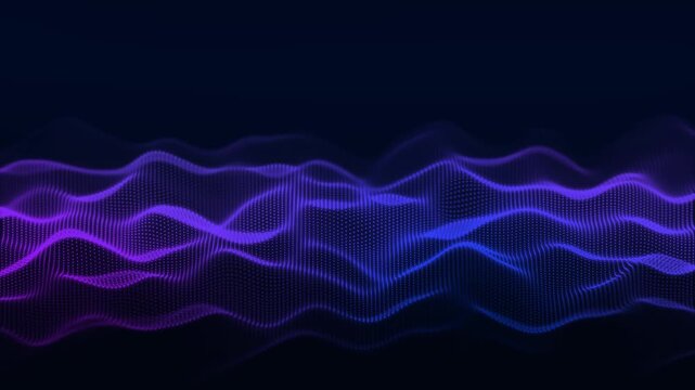 Abstract purple and blue particle waves on dark background. Glowing dotted lines form futuristic digital waveform. Motion graphics loop.
