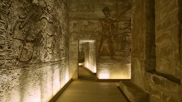 Ancient Egyptian wall paintings with detailed hieroglyphs and ritual scenes inside the Abydos Temple, revealing sacred art, mythology, and preserved history. Egypt.