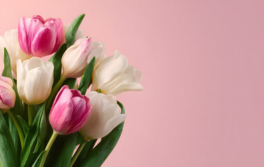 Obraz premium Beautiful bouquet of pink and white tulips on soft pink pastel background with space for text romantic floral greeting.