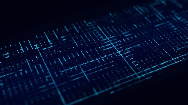 Futuristic blue data grid on dark background. Glowing digital lines and dots form abstract technology interface. Big data and cybersecurity concept. Motion graphics loop.