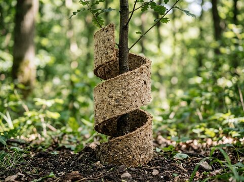 Jute tree wrap protector in green forest