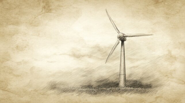 Monochrome sketch of a wind turbine, set against a parchment background