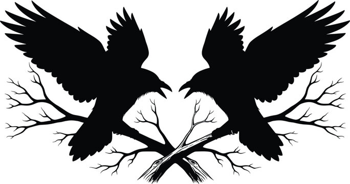 Black silhouette vector of two mystical ravens perched on crossed dry tree branches with spread wings and open beaks, isolated