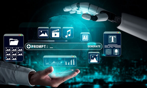 Futuristic Interaction Between Human Hand and Robotic Arm in a Digital Environment Focused on Artificial Intelligence and Data Generation Quark.