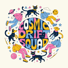 Obraz premium Cyberpunk Space Typography “Cosmic Drift Squad” with Glowing Streetwear Figures and Alien Cats & Dogs
