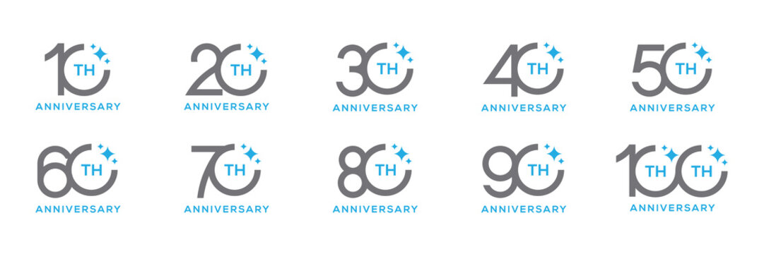 Set of 10 to 100 anniversary celebration logo design, Number text 10 to 100 years bithday party festival holiday logo icon concept