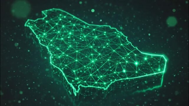 3D futuristic wireframe map of the Kingdom of Saudi Arabia glowing in neon green with digital network communication nodes and cyber data connections floating in dark space.