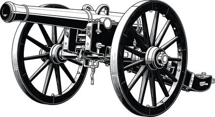 Fototapeta premium Detailed Black and White Vector Illustration of an Antique Field Cannon with Large Spoked Wheels Isolated on Plain White Background