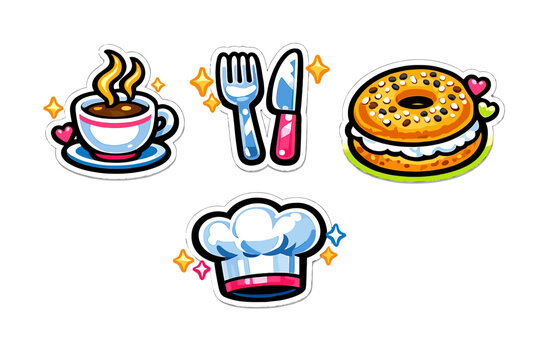 A collection of vibrant cartoon stickers featuring a steaming cup of