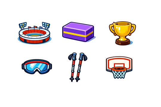 Set of six colorful sports and fitness icons featuring a stadium