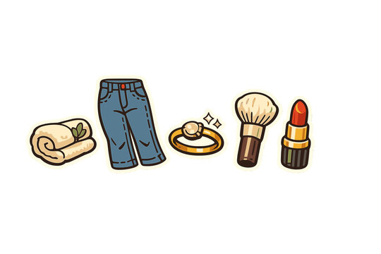 A set of cartoon-style stickers featuring fashion and beauty items