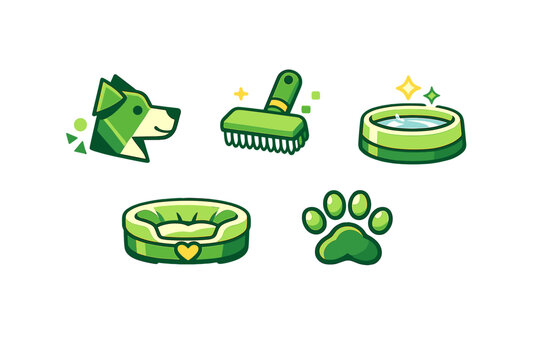 A collection of pet care icons in a green cartoon style including a