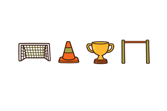 A set of four stylized sports equipment icons including a soccer