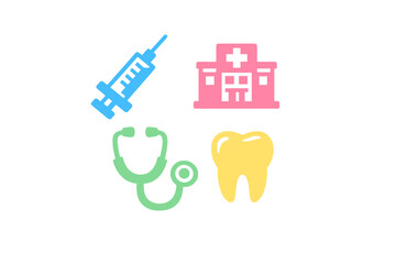 Fototapeta premium A collection of four flat medical icons featuring a blue syringe, a