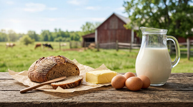 Fresh farm products including bread, butter, egg and milk in jug on wooden table. Local organic food for healthy breakfast. Rustic country landscape background with barn and field.