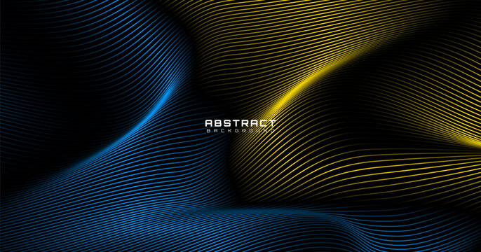 3D blue yellow lines techno abstract background on dark space with waves effect decoration. Modern graphic design element stripes style concept for web banner, art, flyer, card, or brochure cover