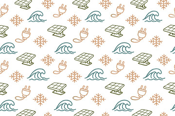 Obraz premium A seamless pattern featuring hand-drawn icons of solar panels, ocean