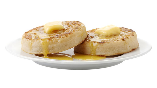 Traditional English Crumpets Golden Toasted Breakfast Bread Isolated on White Background Studio Food Photography