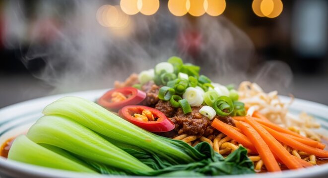 Asian noodle dish with fresh vegetables in steaming hot presentation for restaurant advertising
