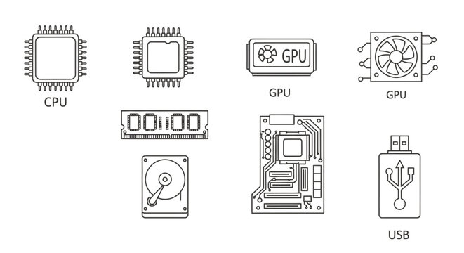 Computer hardware icons cpu gpu ram hard drive usb vector illustration
