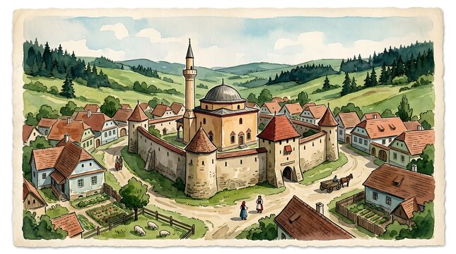 Charming Watercolor Painting of a Historic Village Scene with a Mosque and Lush Green Hills