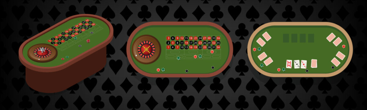 A luxury casino table featuring a top view, roulette wheel, poker cards and blackjack chips.