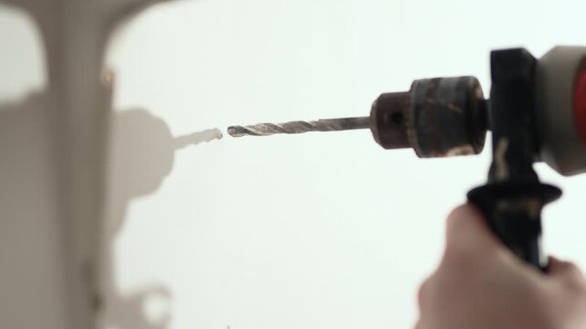  Close up of man drilling hole in wall with electric drill for shelf installation, 10-bit 4K.